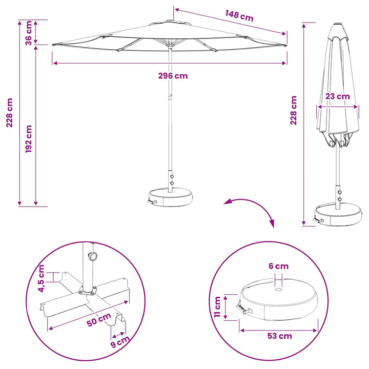 Haveparasol med base 300 x 300 cm Polyester Rektangulær Sort
