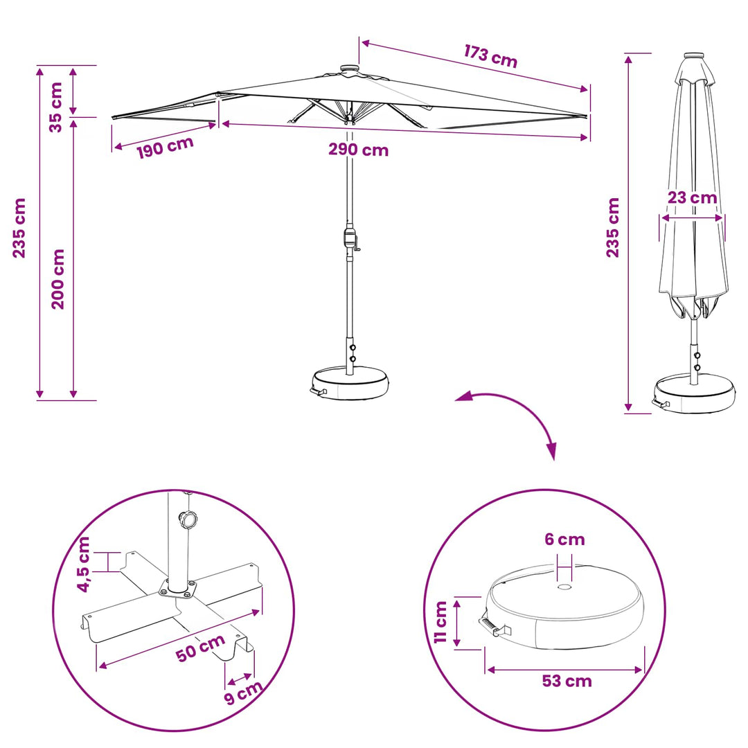 Haveparasol med LED lys og fod 200 x 300 cm Polyester
