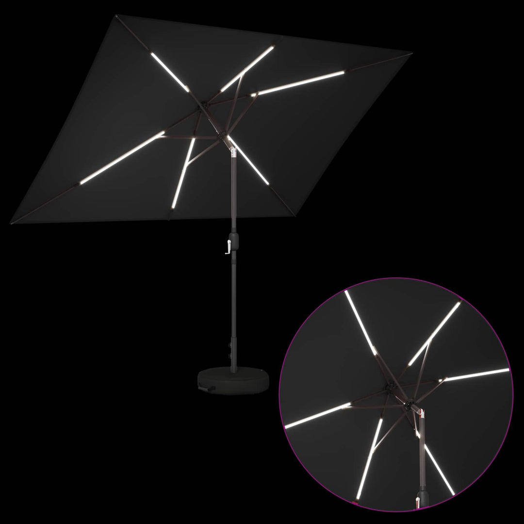 Haveparasol med LED lys og fod 200 x 300 cm Polyester Sort