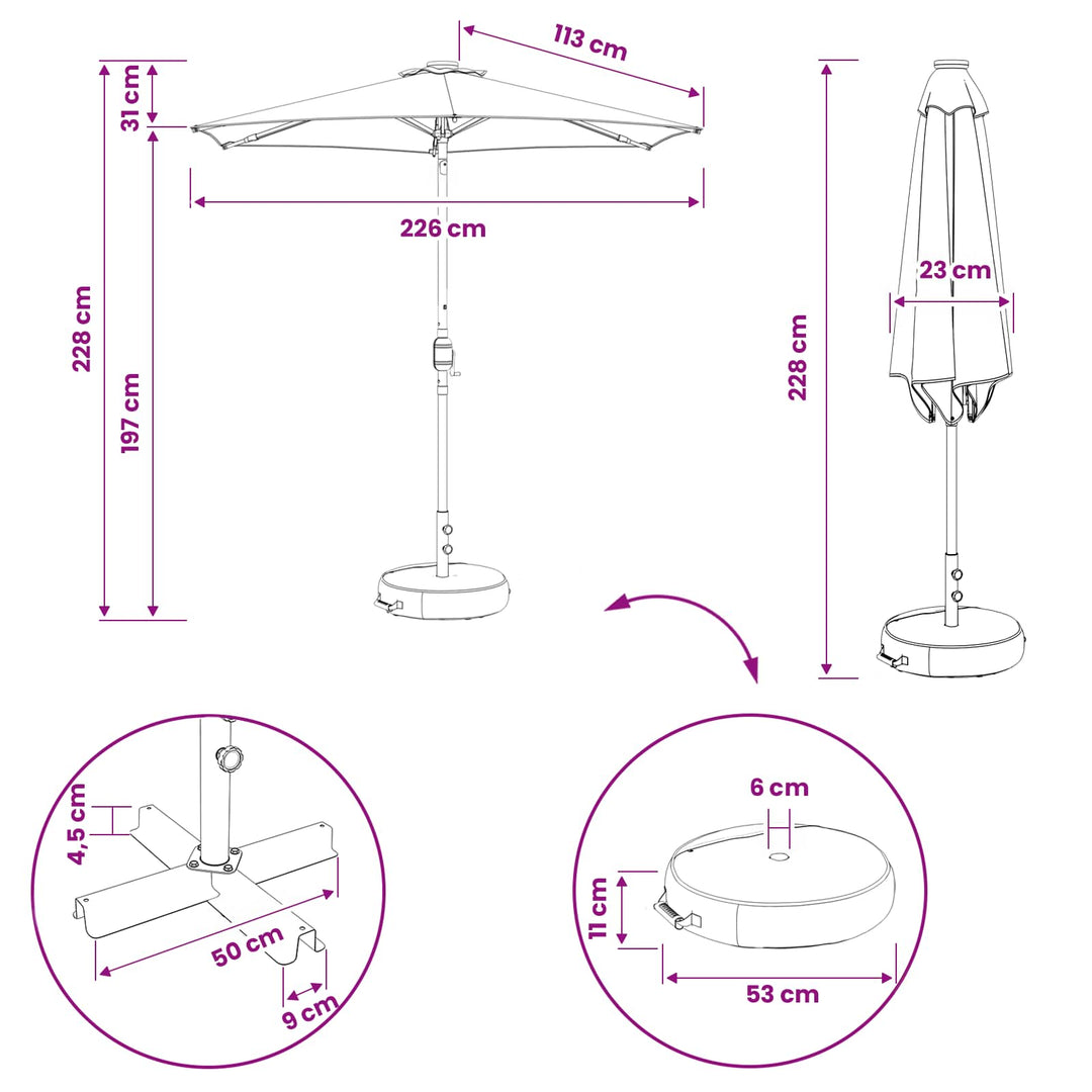 Haveparasol med LED lys og fod 230 x 230 cm Polyester Sort
