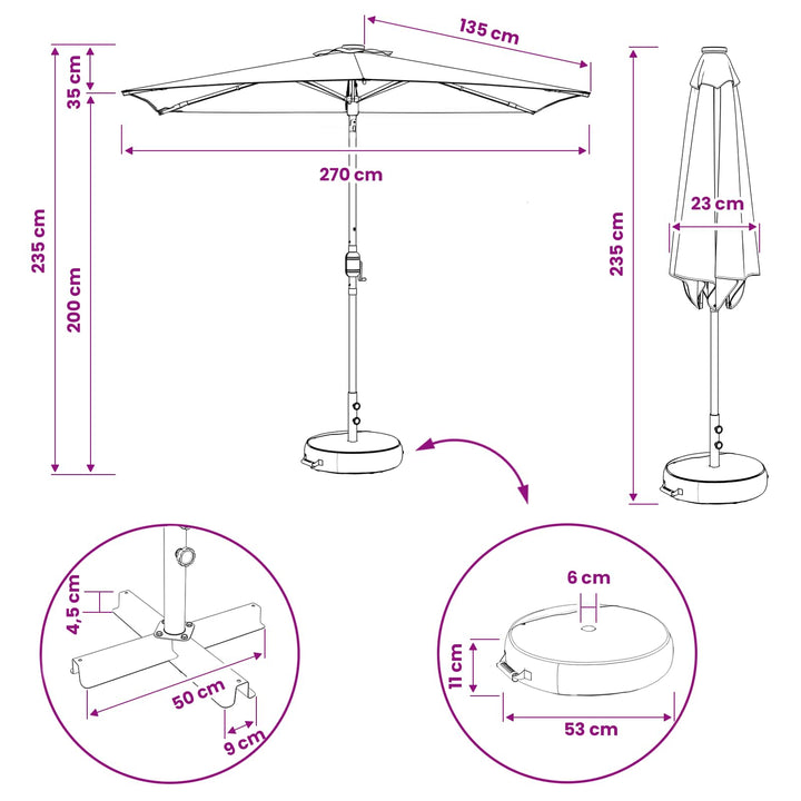 Haveparasol med LED lys og fod 270 x 270 cm Polyester Sort