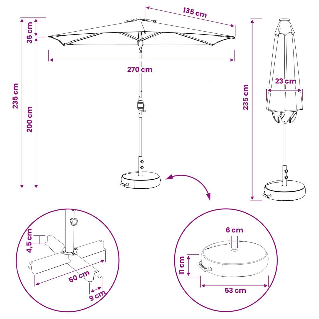 Haveparasol med LED lys og fod 270 x 270 cm Polyester