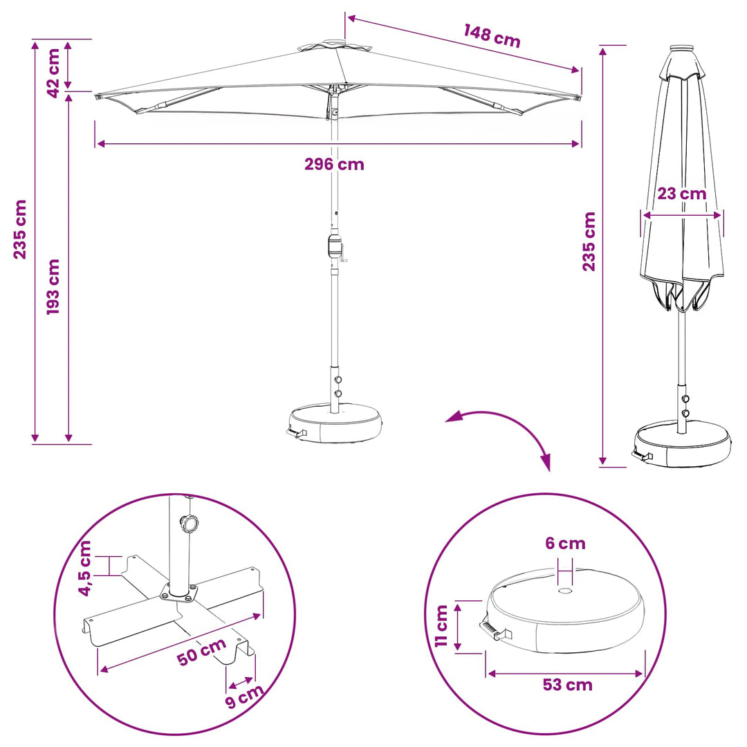 Haveparasol med LED lys og fod 300 x 300 cm Polyester