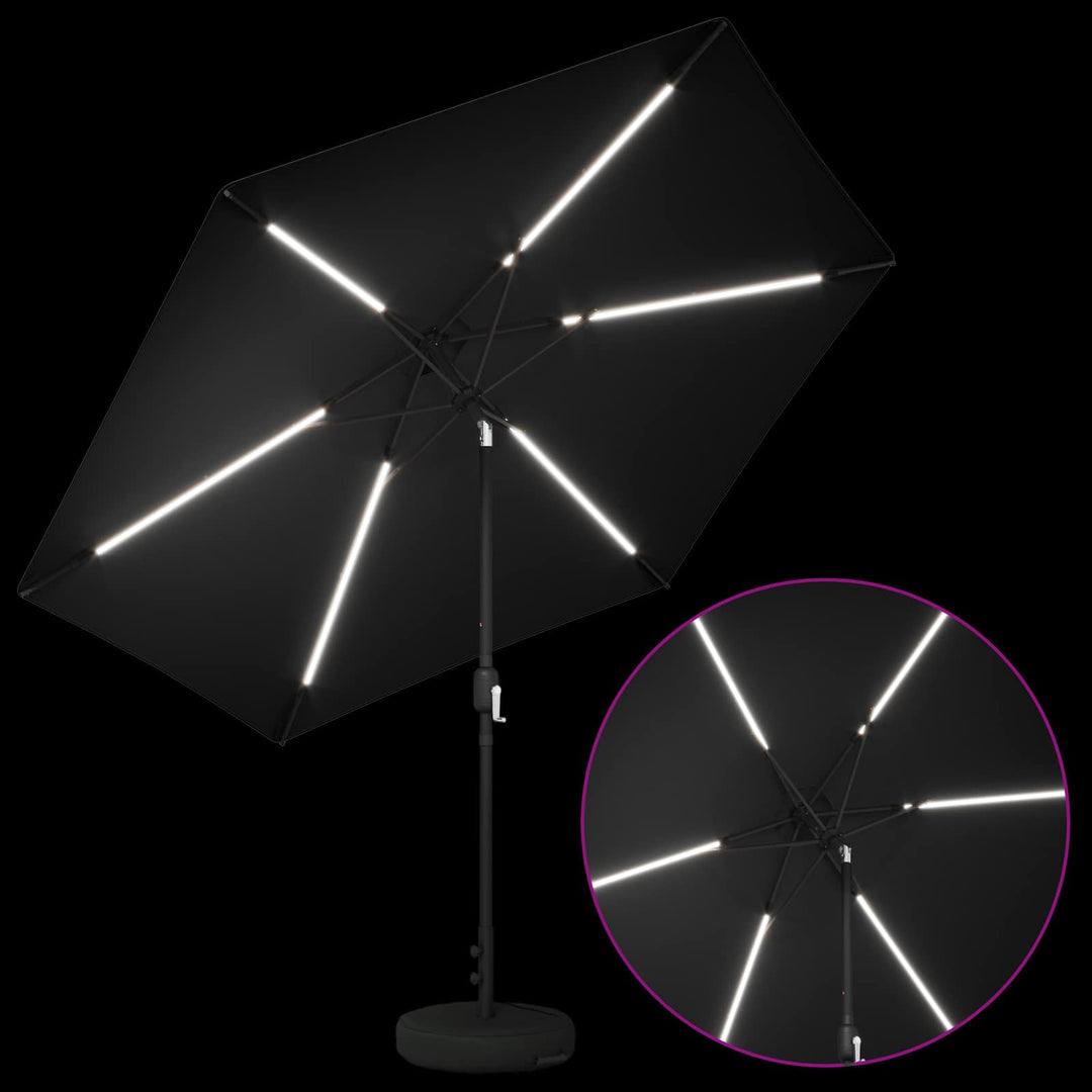Haveparasol med LED lys og fod 300 x 300 cm Polyester Sort