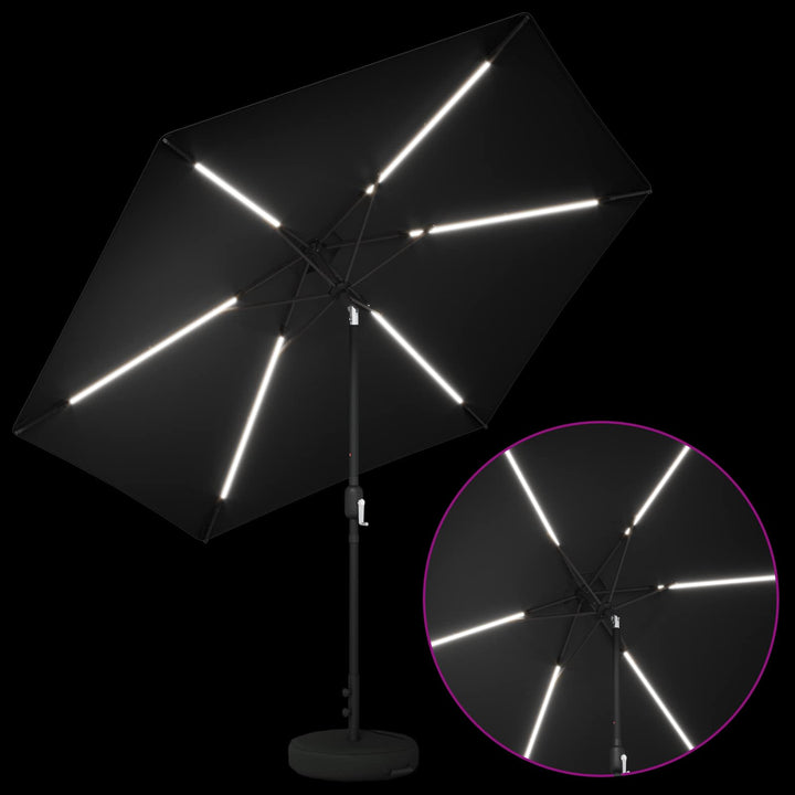 Haveparasol med LED lys og fod 300 x 300 cm Polyester Sort