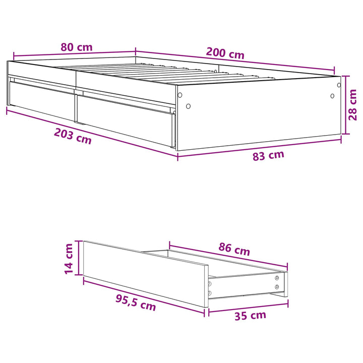 Sengestel med opbevaring Grå Sonoma 80 x 200 cm Konstrueret træ