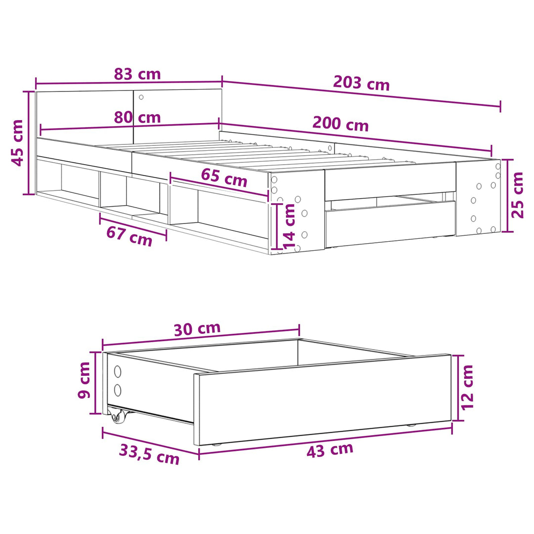 Sengestel med opbevaring Grå Sonoma 80 x 200 cm Konstrueret træ