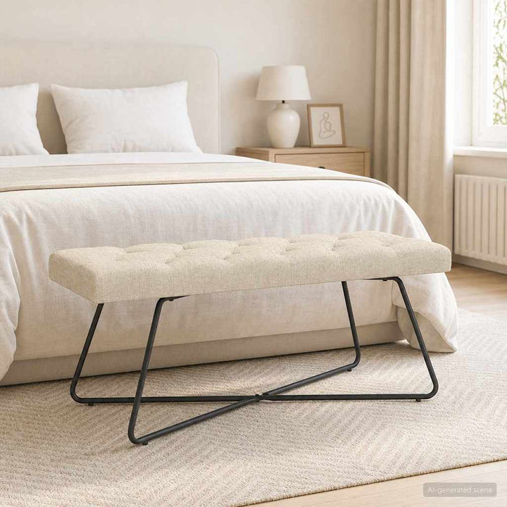 Bænk med knap tufting Cremefarvet 110 x 40 x 46 cm Stof