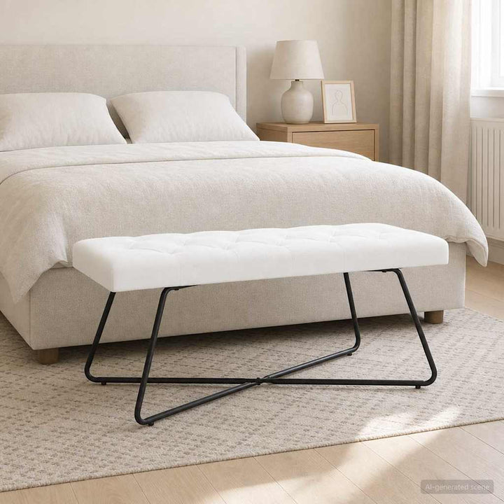 Bænk med knap tufting Hvid 110 x 40 x 46 cm Stof