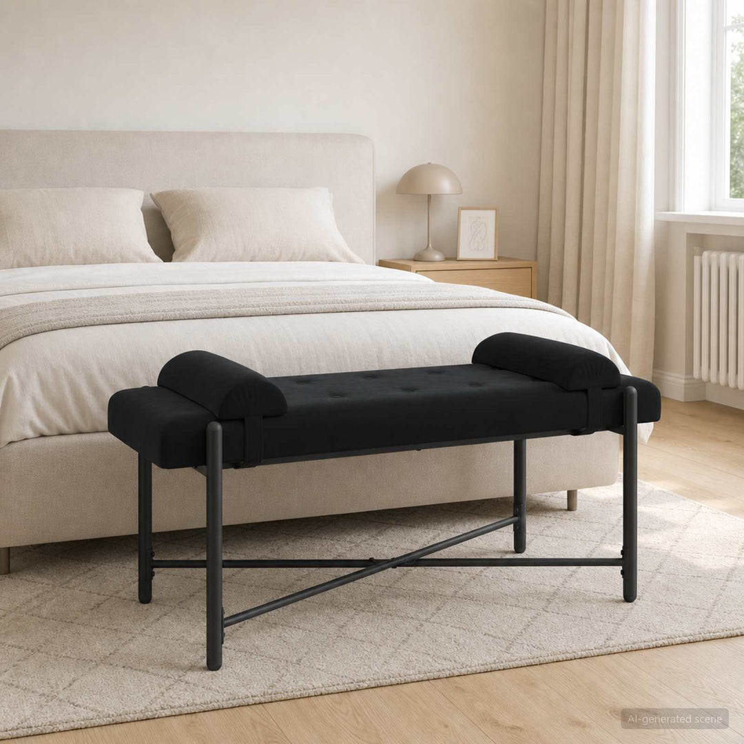 Knappet bænk med puder Sort 110 x 40 x 46 cm Fløjl