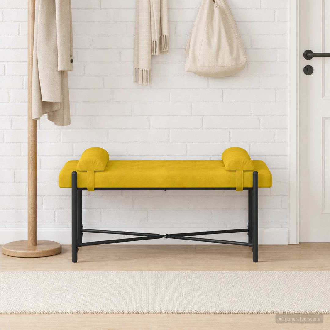 Knappet bænk med puder Gul 110 x 40 x 46 cm Fløjl