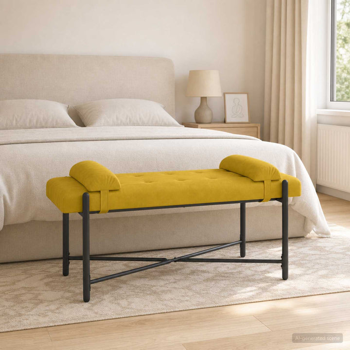 Knappet bænk med puder Gul 110 x 40 x 46 cm Fløjl