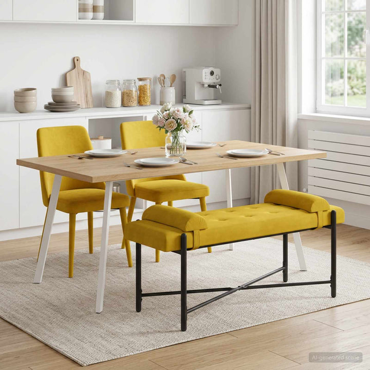 Knappet bænk med puder Gul 110 x 40 x 46 cm Fløjl