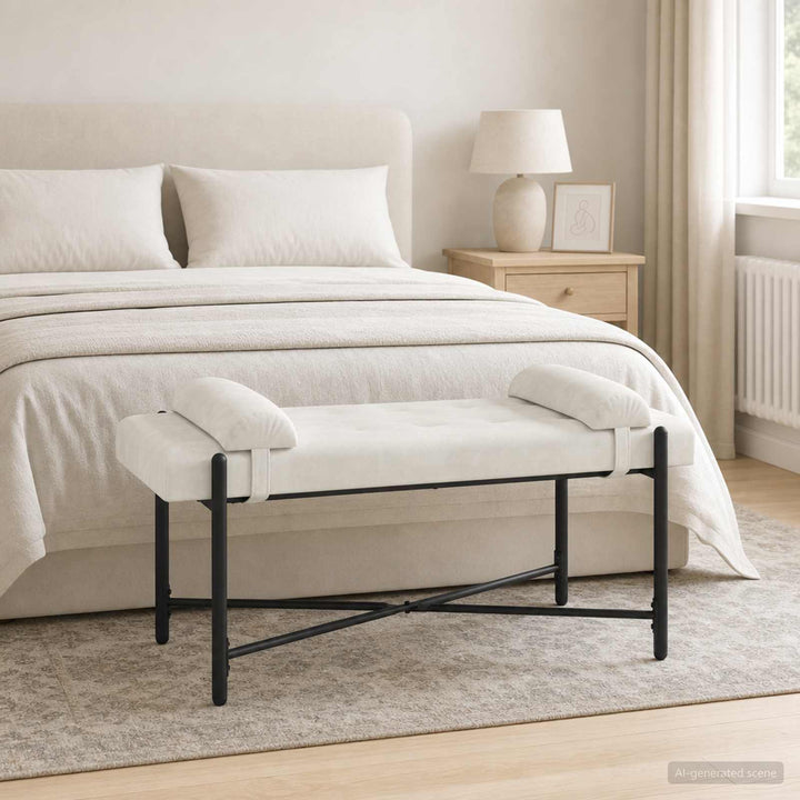 Knappet bænk med puder Cremefarvet 110 x 40 x 46 cm Fløjl