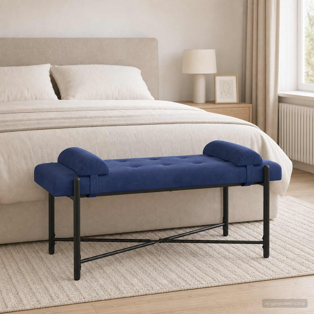 Knappet bænk med puder Politi blå 110 x 40 x 46 cm Fløjl