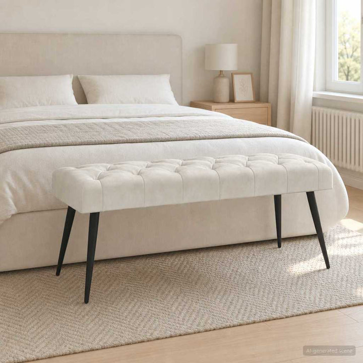 Bænk med knap tufting Cremefarvet 110 x 40 x 46 cm Fløjl