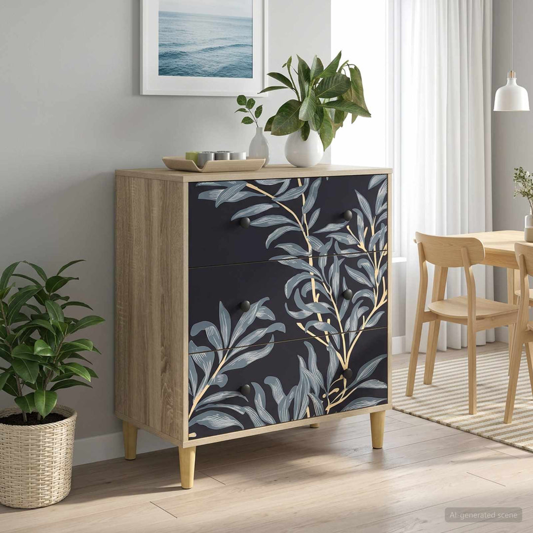 Skuffeskab DOKKUM Blå bregneprint 66 x 36,5 x 75 cm Sonoma-eg