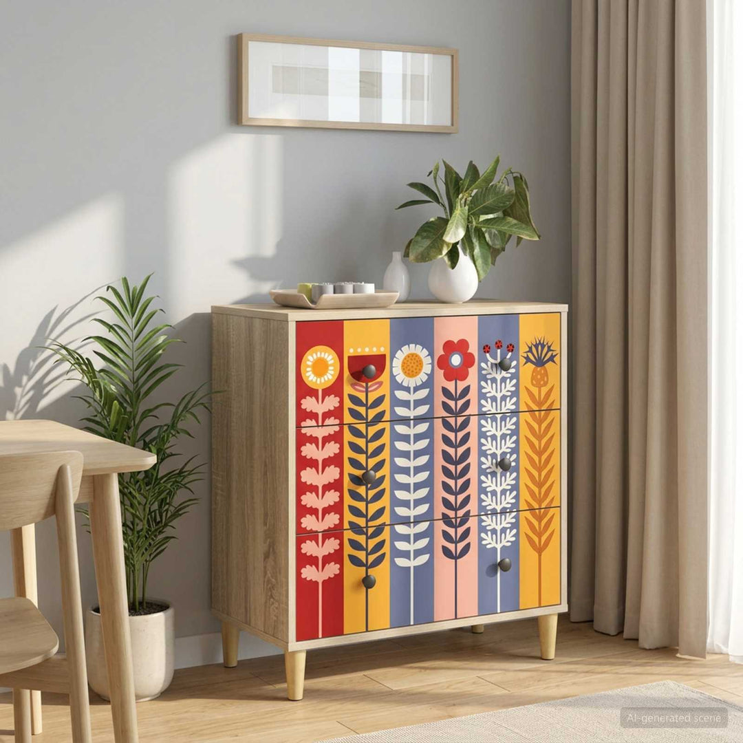 Skuffeskab ESSEN Solblomstprint 66 x 36,5 x 75 cm Sonoma-eg