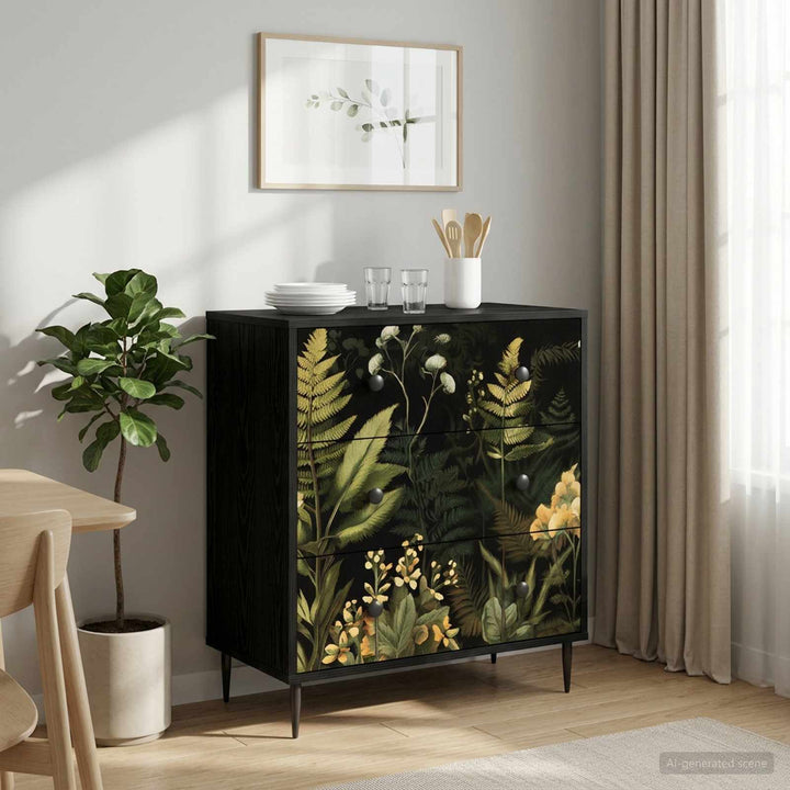 Skuffeskab RHENEN Tropisk jungleprint 66 x 36,5 x 76 cm Sort eg