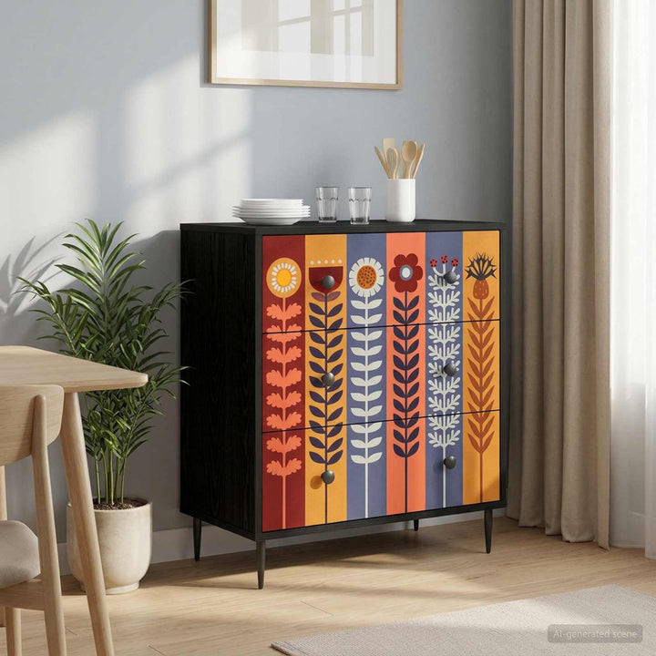 Skuffeskab ESSEN Solblomstprint 66 x 36,5 x 76 cm Sort eg