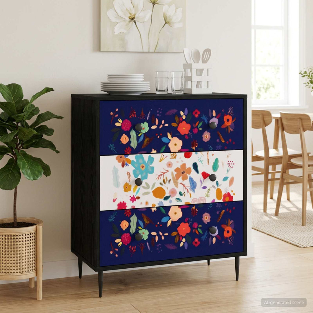 Skuffeskab MAINZ Blomsterprint 66 x 36,5 x 76 cm Sort eg