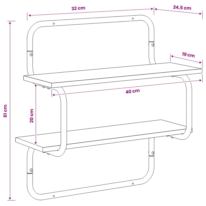 2-etagers væghylde Sonoma-eg 40 x 24,5 x 61 cm Konstrueret træ