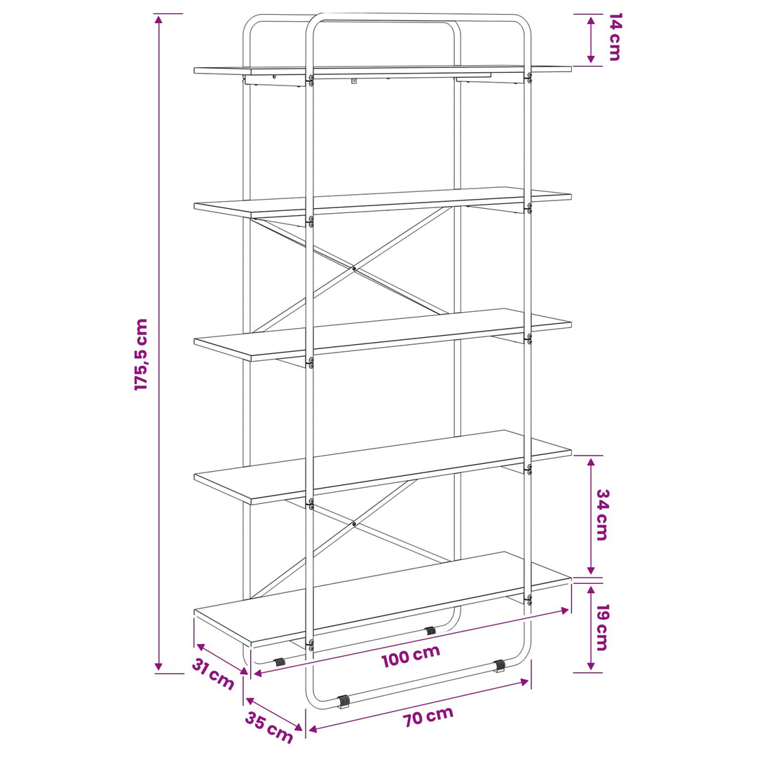 Bogreol 5 niveauer 100 x 35 x 175,5 cm PB Røget eg