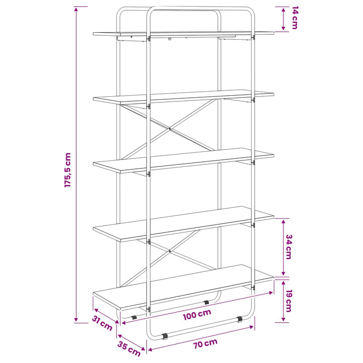 Bogreol 5 niveauer 100 x 35 x 175,5 cm PB Røget eg