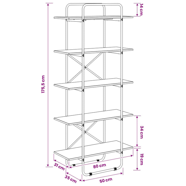 Bogreol 5 niveauer 80 x 35 x 175,5 cm PB Sonoma-eg
