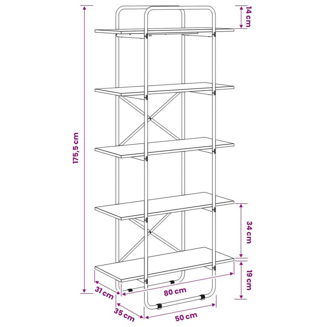 Bogreol 5 niveauer 80 x 35 x 175,5 cm PB Egetræ