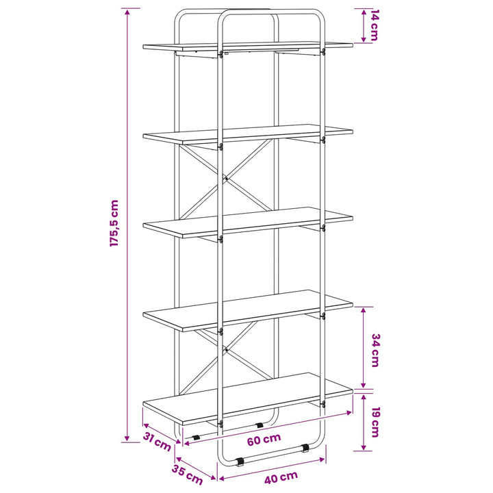 Bogreol 5 niveauer 60 x 35 x 175,5 cm PB Artisan-eg