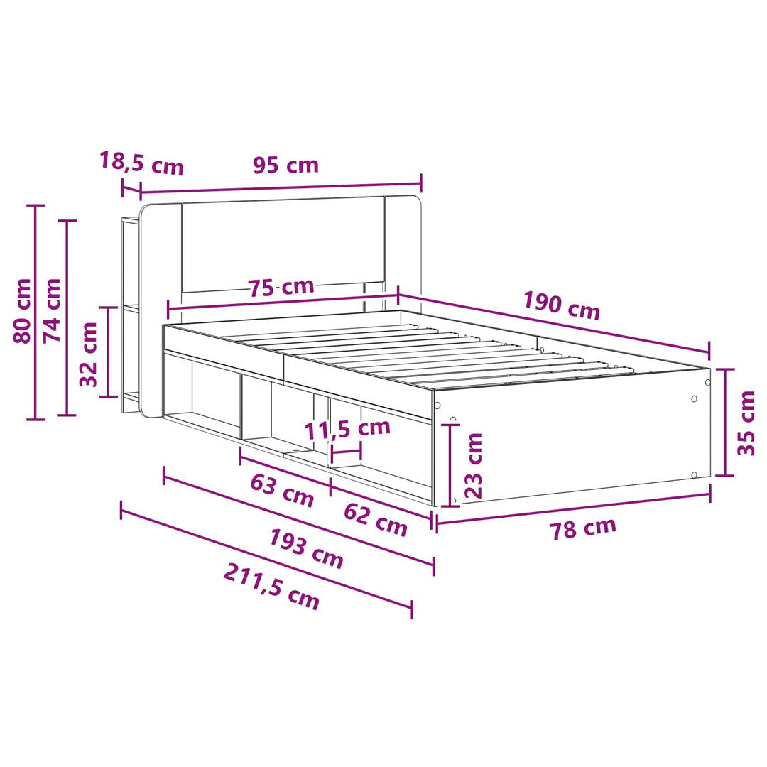 Sengestel med opbevaring Artisan-eg 75 x 190 cm Konstrueret træ