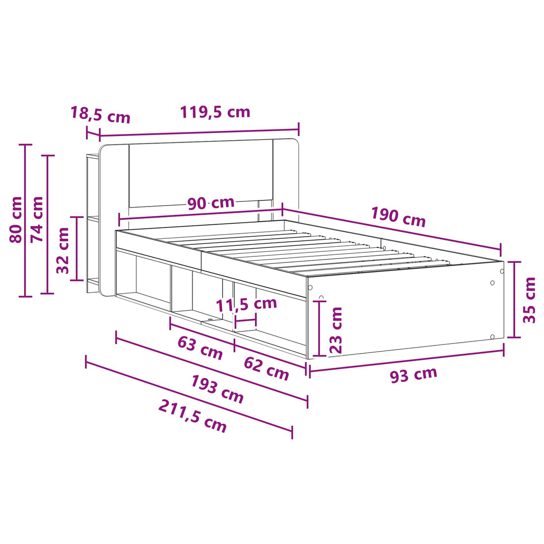 Sengestel med opbevaring Hvid 90 x 190 cm Konstrueret træ