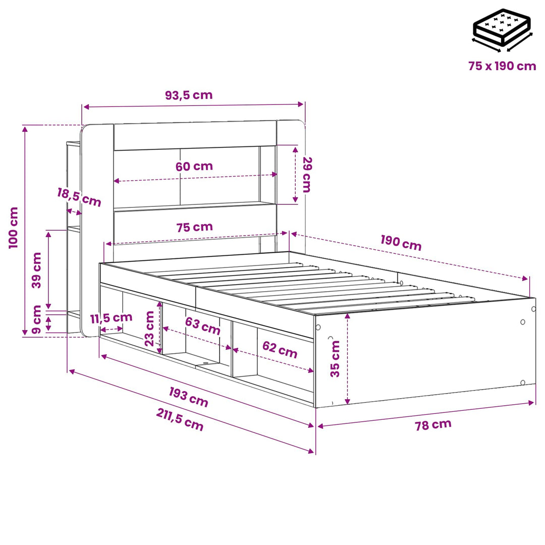 Sengestel med opbevaring Sort 75 x 190 cm Konstrueret træ