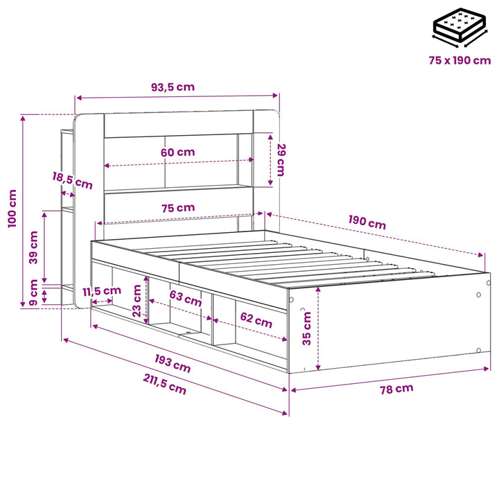 Sengestel med opbevaring Sort 75 x 190 cm Konstrueret træ