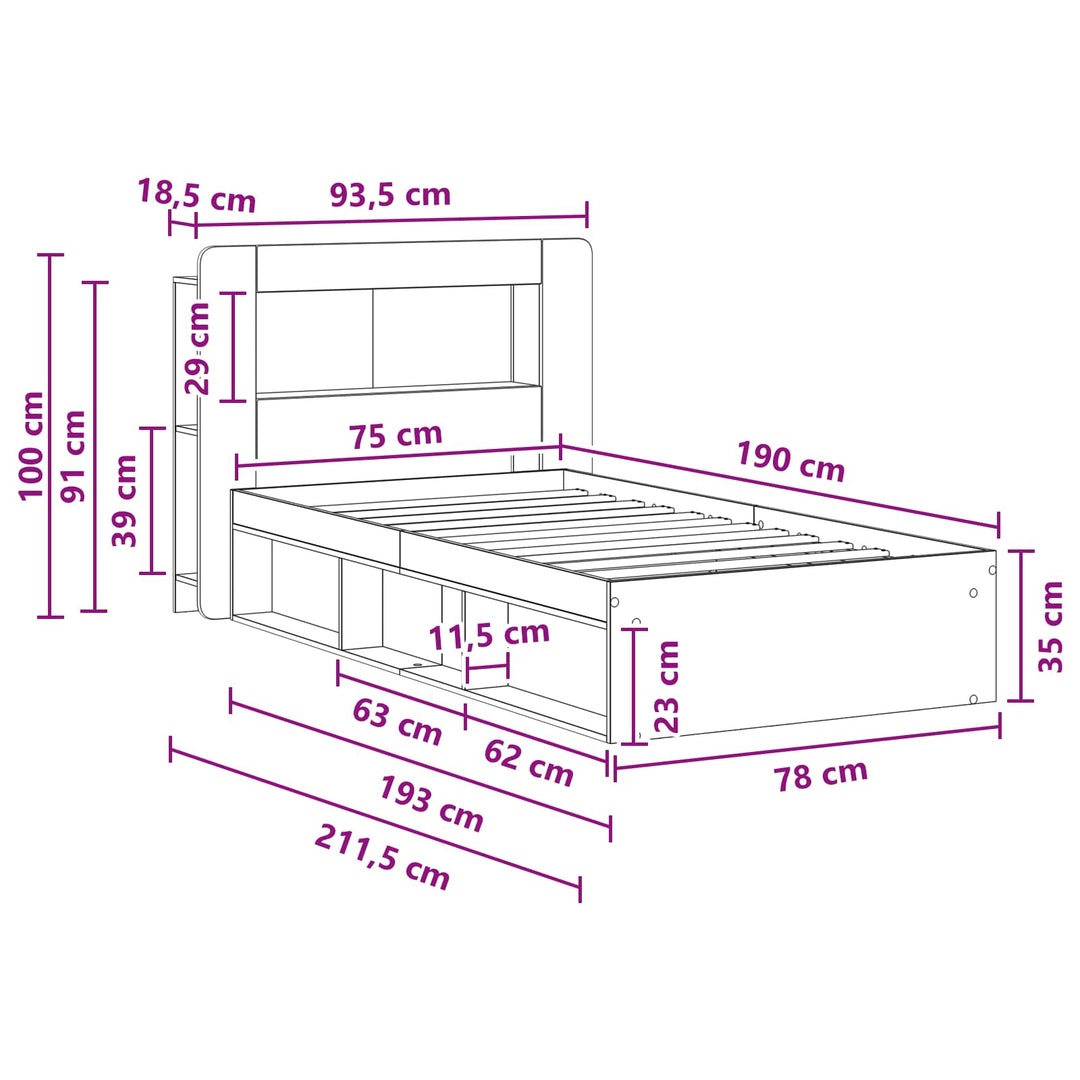Sengestel med opbevaring Hvid 75 x 190 cm Konstrueret træ