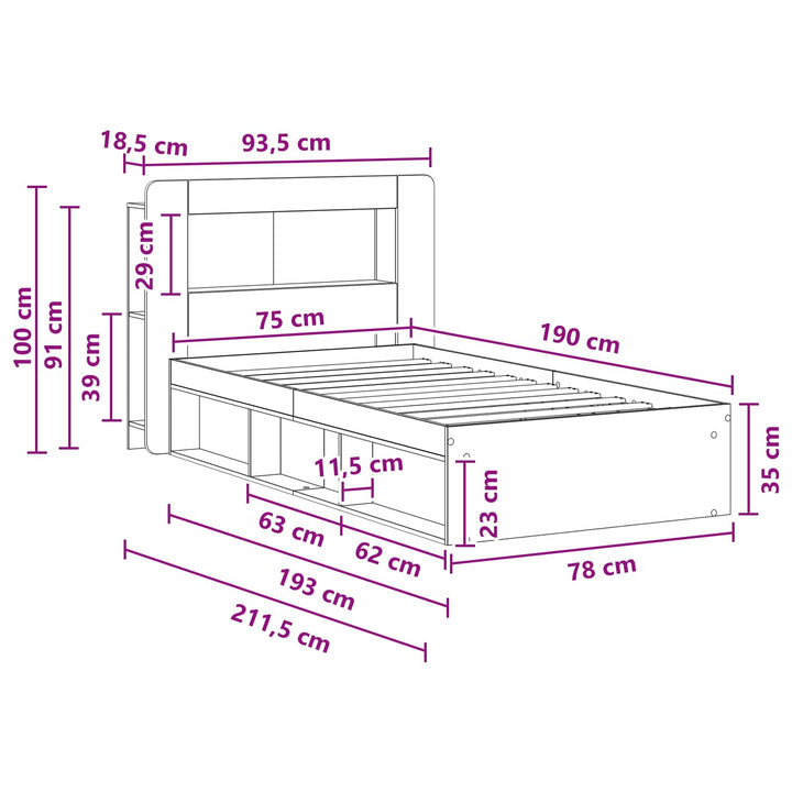 Sengestel med opbevaring Hvid 75 x 190 cm Konstrueret træ