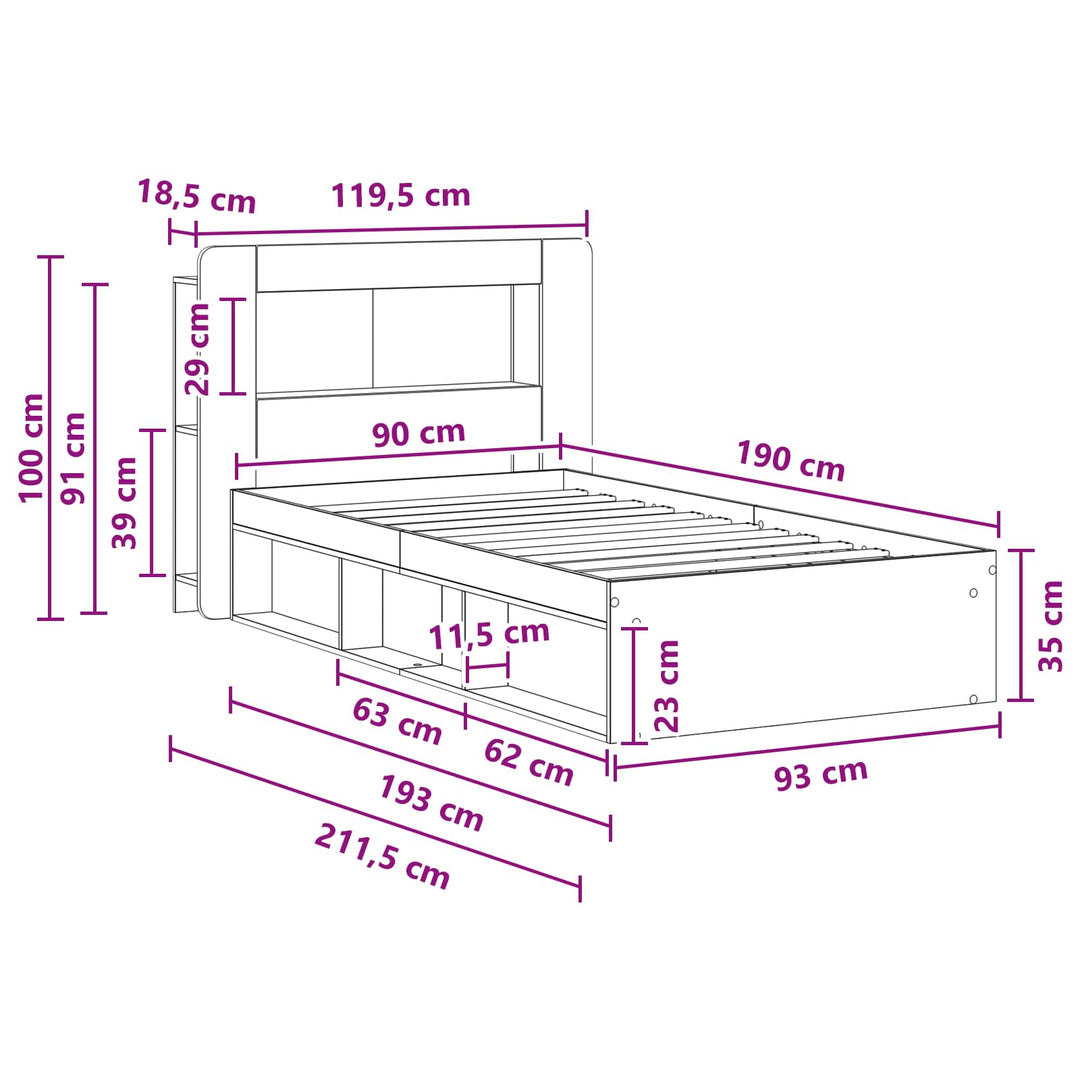 Sengestel med opbevaring med hovedgærde Gammelt træ 90 x 190 cm