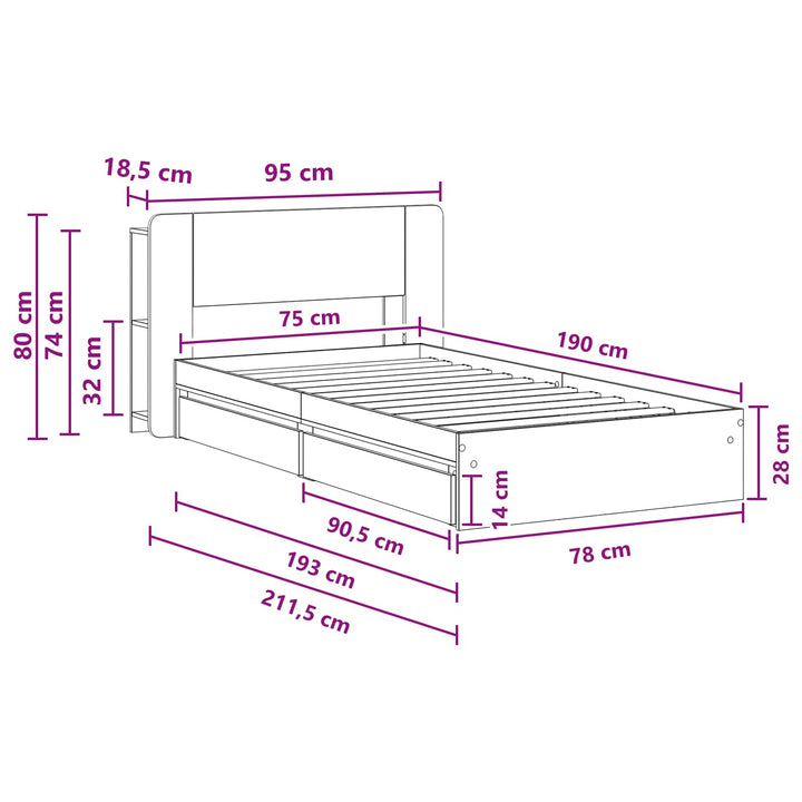 Sengestel med opbevaring Sort 75 x 190 cm Konstrueret træ