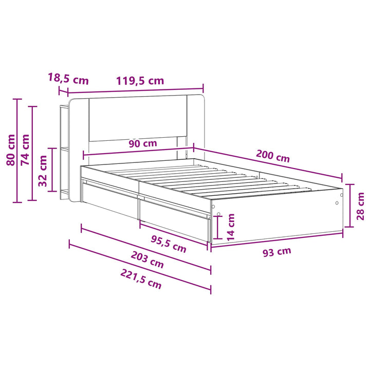 Sengestel med opbevaring Grå Sonoma 90 x 200 cm Konstrueret træ