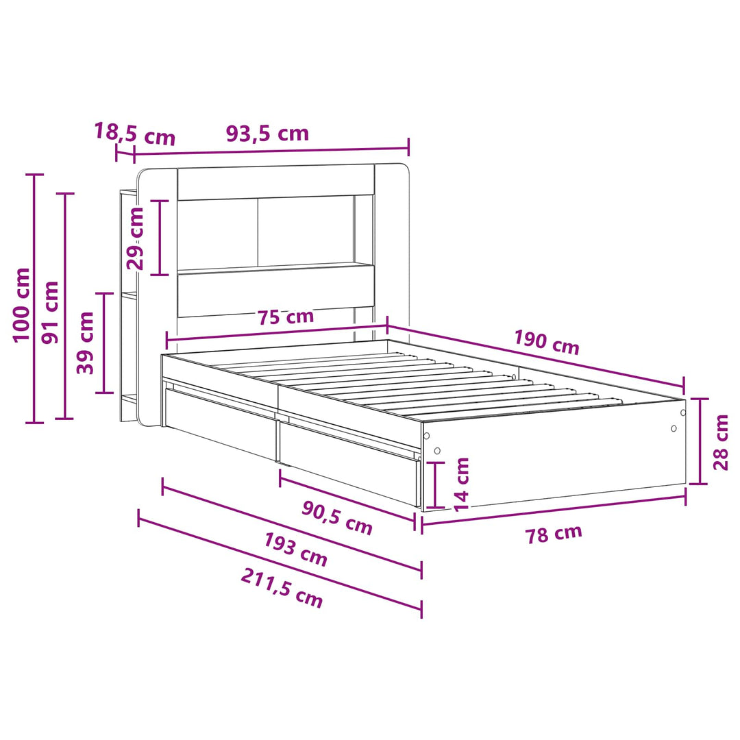Sengestel med opbevaring Sort 75 x 190 cm Konstrueret træ