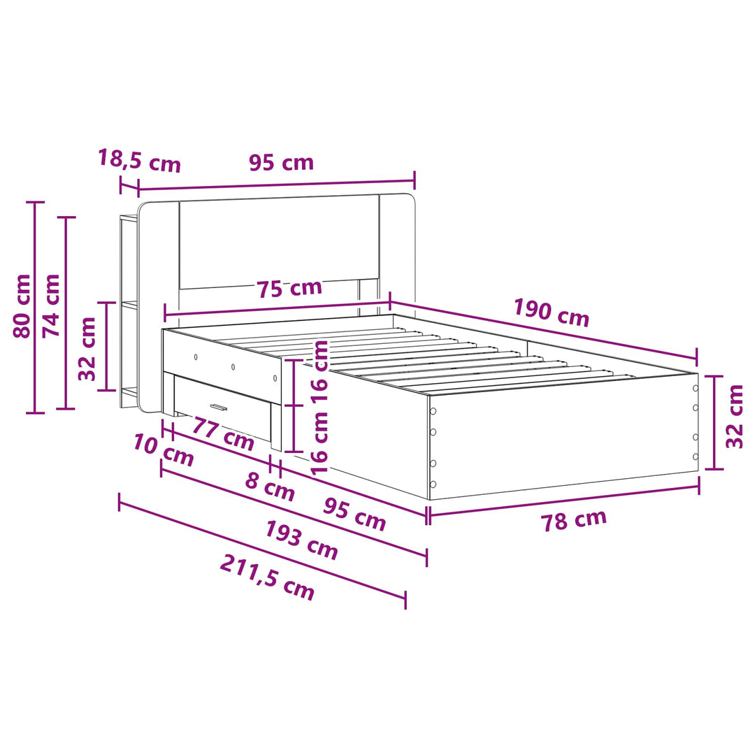 Sengestel med opbevaring Sort 75 x 190 cm Konstrueret træ