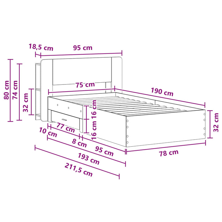 Sengestel med opbevaring Sort 75 x 190 cm Konstrueret træ