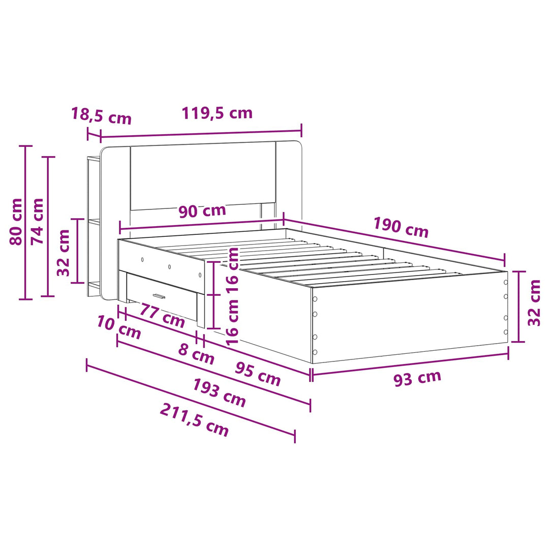 Sengestel med opbevaring Røget eg 90 x 190 cm Konstrueret træ