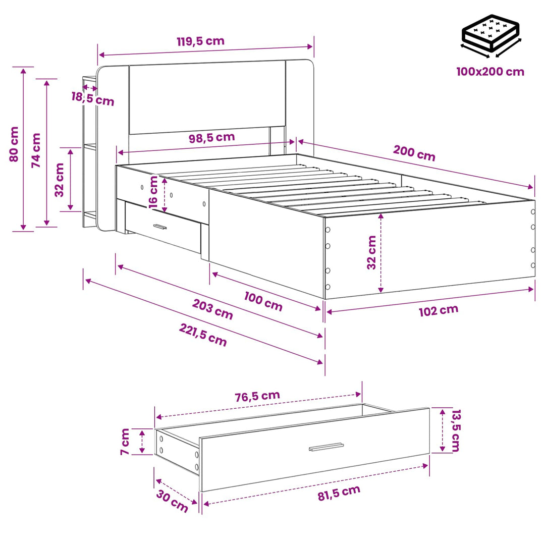 Sengestel med opbevaring Sonoma-eg 100 x 200 cm Konstrueret træ