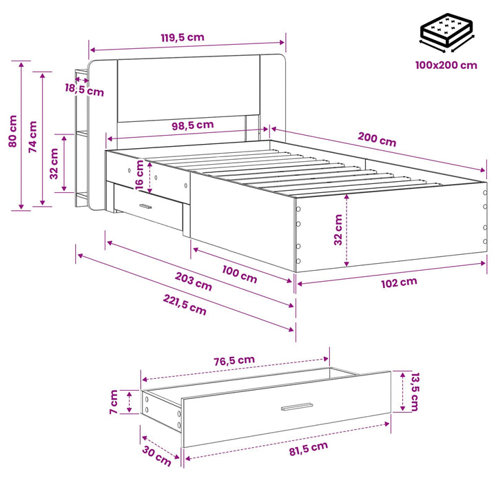 Sengestel med opbevaring Sonoma-eg 100 x 200 cm Konstrueret træ