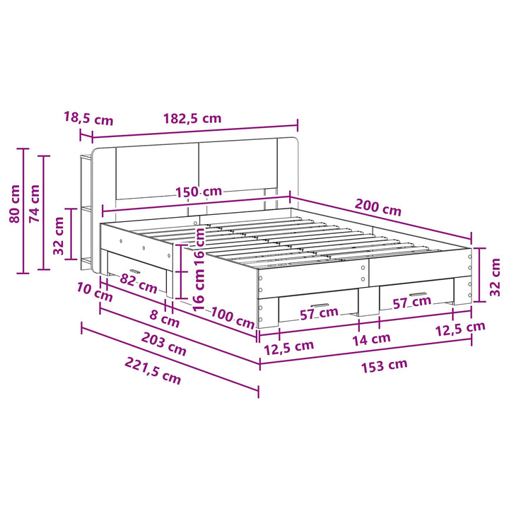 Sengestel med opbevaring Betongrå 150 x 200 cm Konstrueret træ