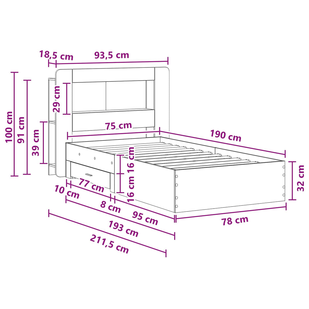 Sengestel med opbevaring Sort 75 x 190 cm Konstrueret træ