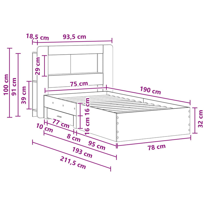Sengestel med opbevaring Sort 75 x 190 cm Konstrueret træ