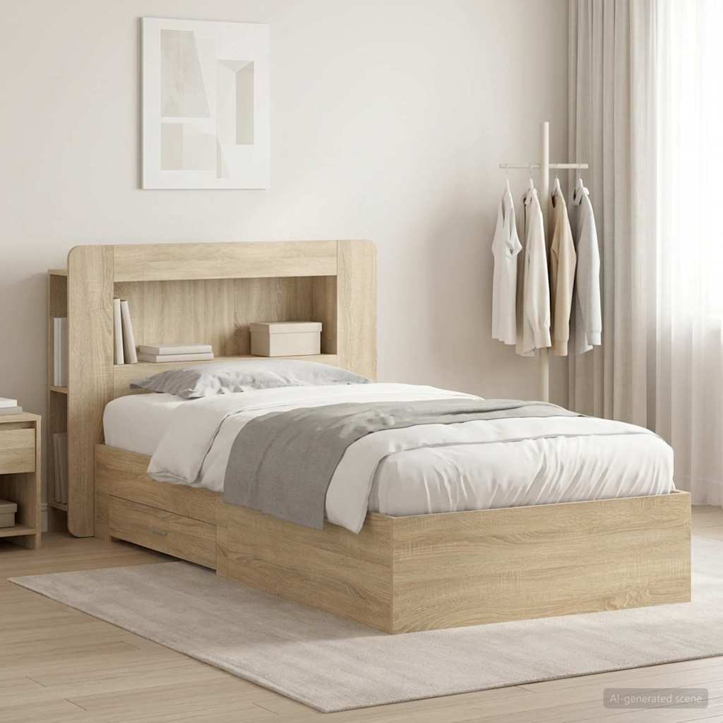 Sengestel med opbevaring Sonoma-eg 90 x 190 cm Konstrueret træ